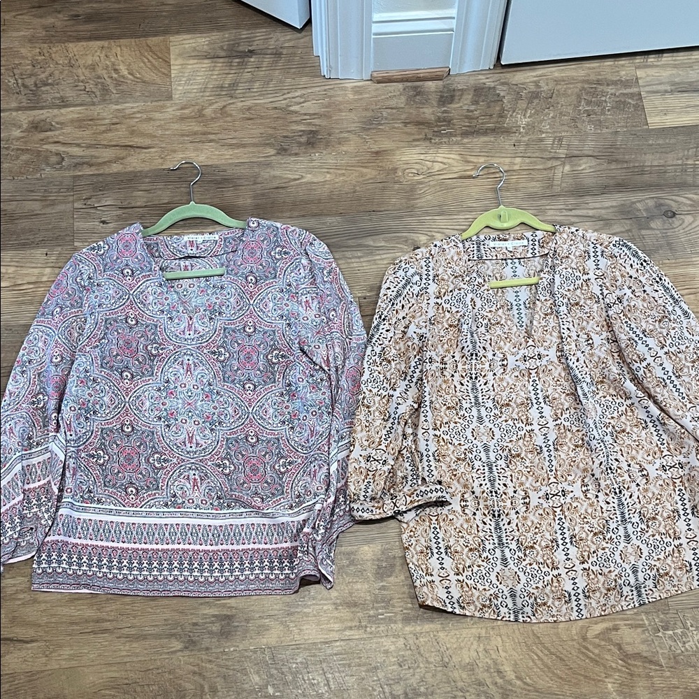 Violet & Claire Mixed Paisley & Neutral Print Blouse Duo - Pink, Beige